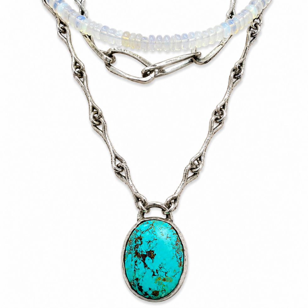 Hand Forged Sterling Silver & Chunky Oval Turquoise Necklace