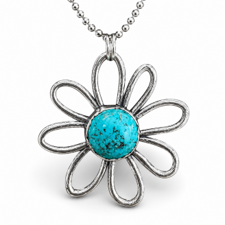 Hand Cast Sterling Silver & Turquoise Flower Pendant