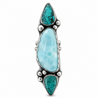 Handcrafted Sterling Silver, Turquoise & Larimar 3 Stone Statement Ring Handcrafted Sterling Silver, Turquoise & Larimar 3 Stone Statement Ring